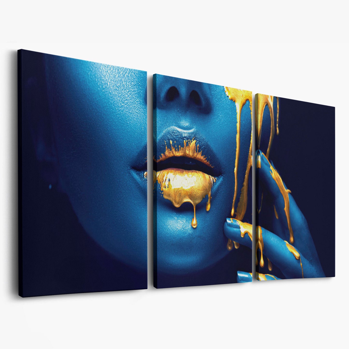 Blue and Gold Woman Face Canvas as 3-panel split version