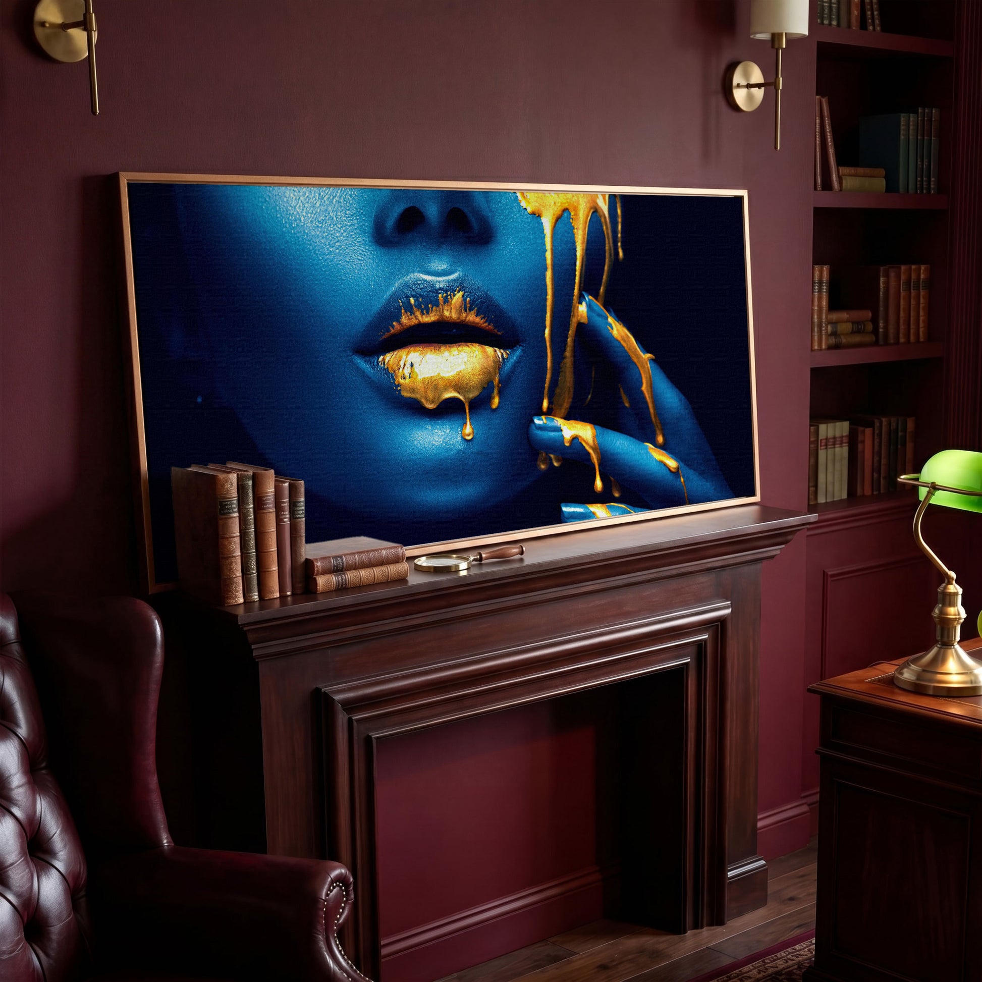 Blue and Gold Woman Face Canvas in antique gold floating frame