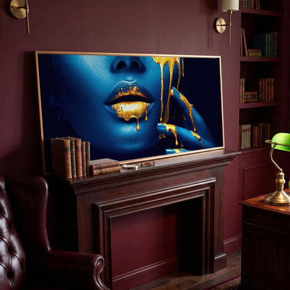 Blue and Gold Woman Face Canvas in antique gold floating frame