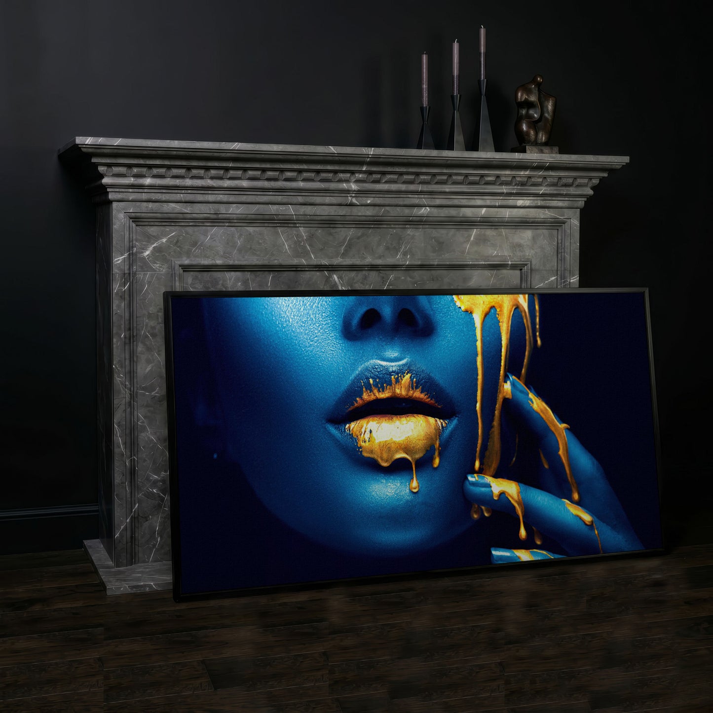 Blue and Gold Woman Face Canvas in black floating frame
