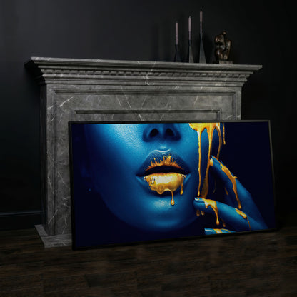 Blue and Gold Woman Face Canvas in black floating frame