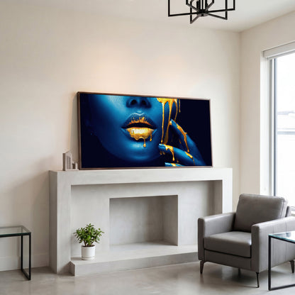 Blue and Gold Woman Face Canvas in dark walnut floating frame