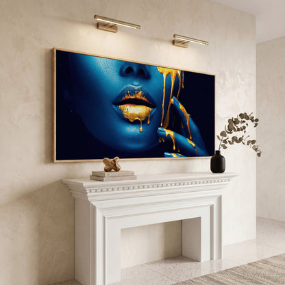 Blue and Gold Woman Face Canvas in white oak floating frame