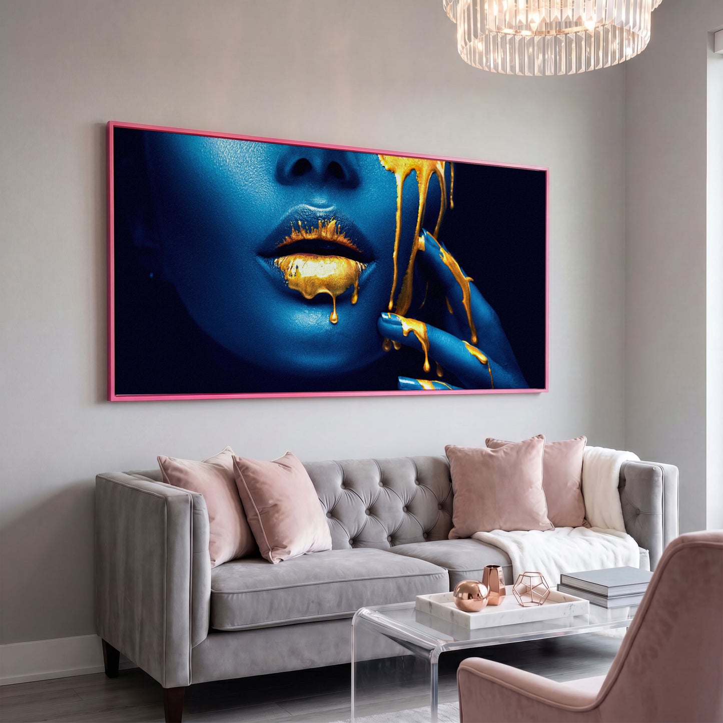 Blue and Gold Woman Face Canvas in pink floating frame