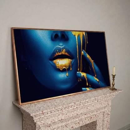 Blue and Gold Woman Face Canvas in rose gold floating frame