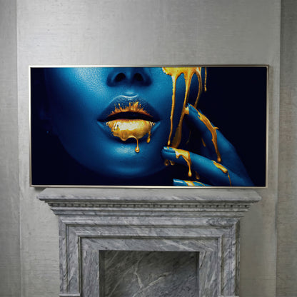 Blue and Gold Woman Face Canvas in silver floating frame