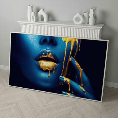 Blue and Gold Woman Face Canvas in white floating frame