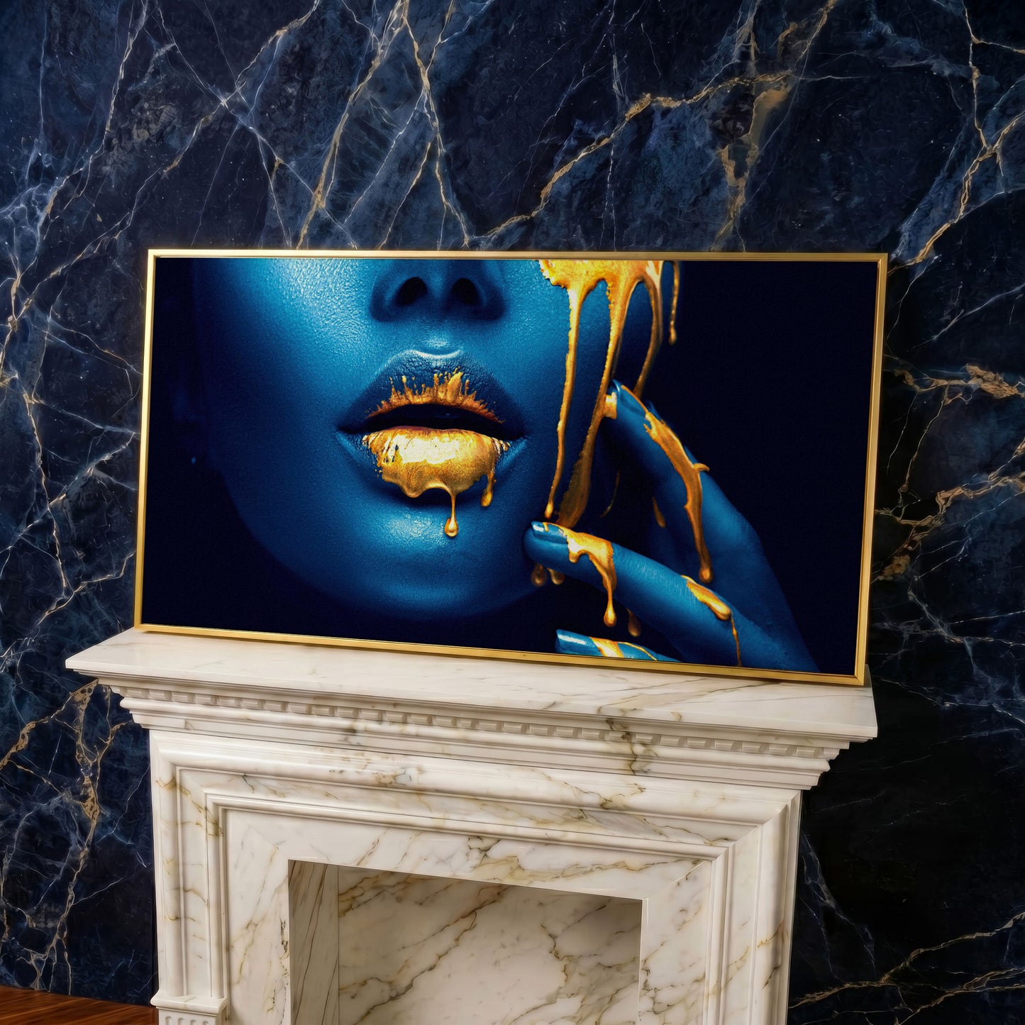 Blue and Gold Woman Face Canvas in yellow gold floating frame