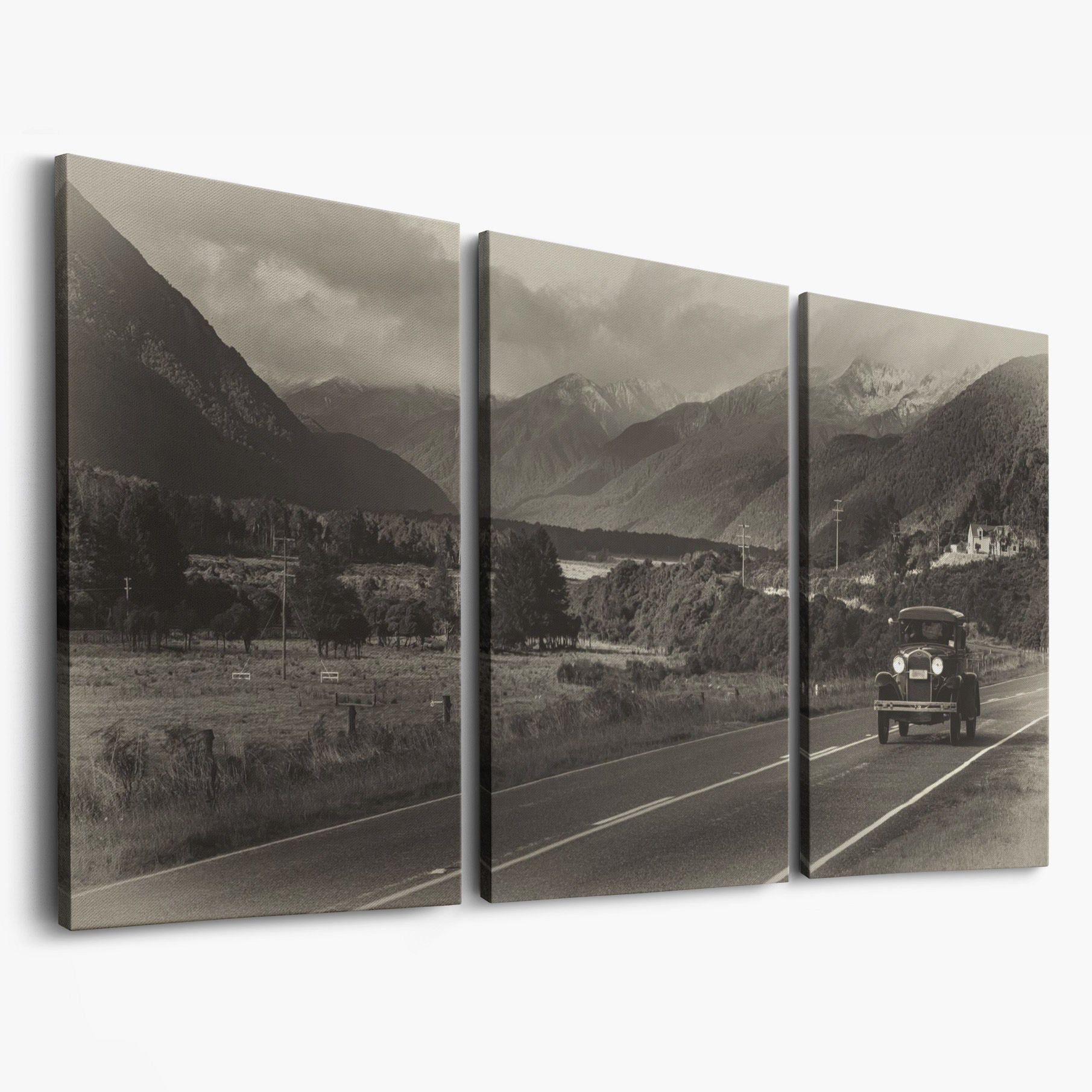 Vintage Car on Scenic Highway Canvas as 3-panel split version