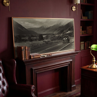 Vintage Car on Scenic Highway Canvas in antique gold floating frame