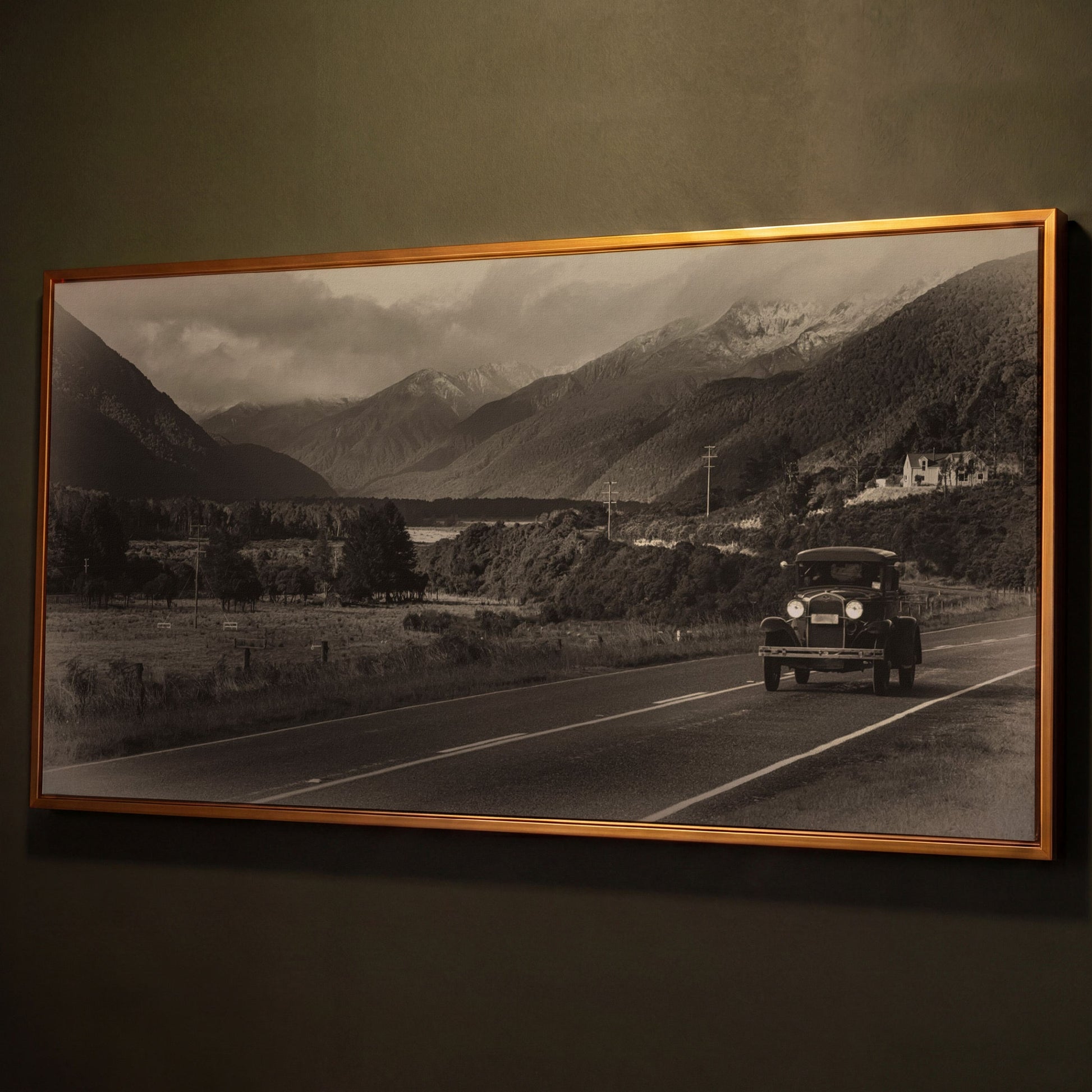 Vintage Car on Scenic Highway Canvas shown in antique gold floating frame