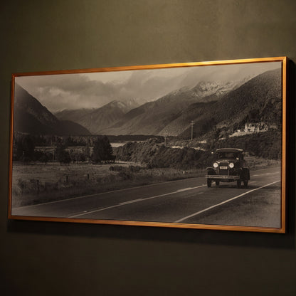 Vintage Car on Scenic Highway Canvas shown in antique gold floating frame