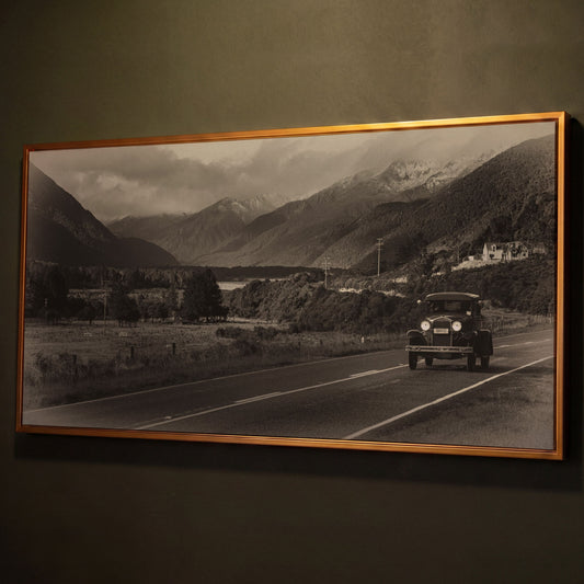 Vintage Car on Scenic Highway Canvas shown in antique gold floating frame