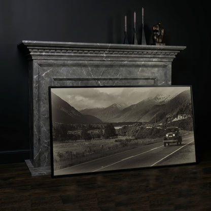 Vintage Car on Scenic Highway Canvas in black floating frame