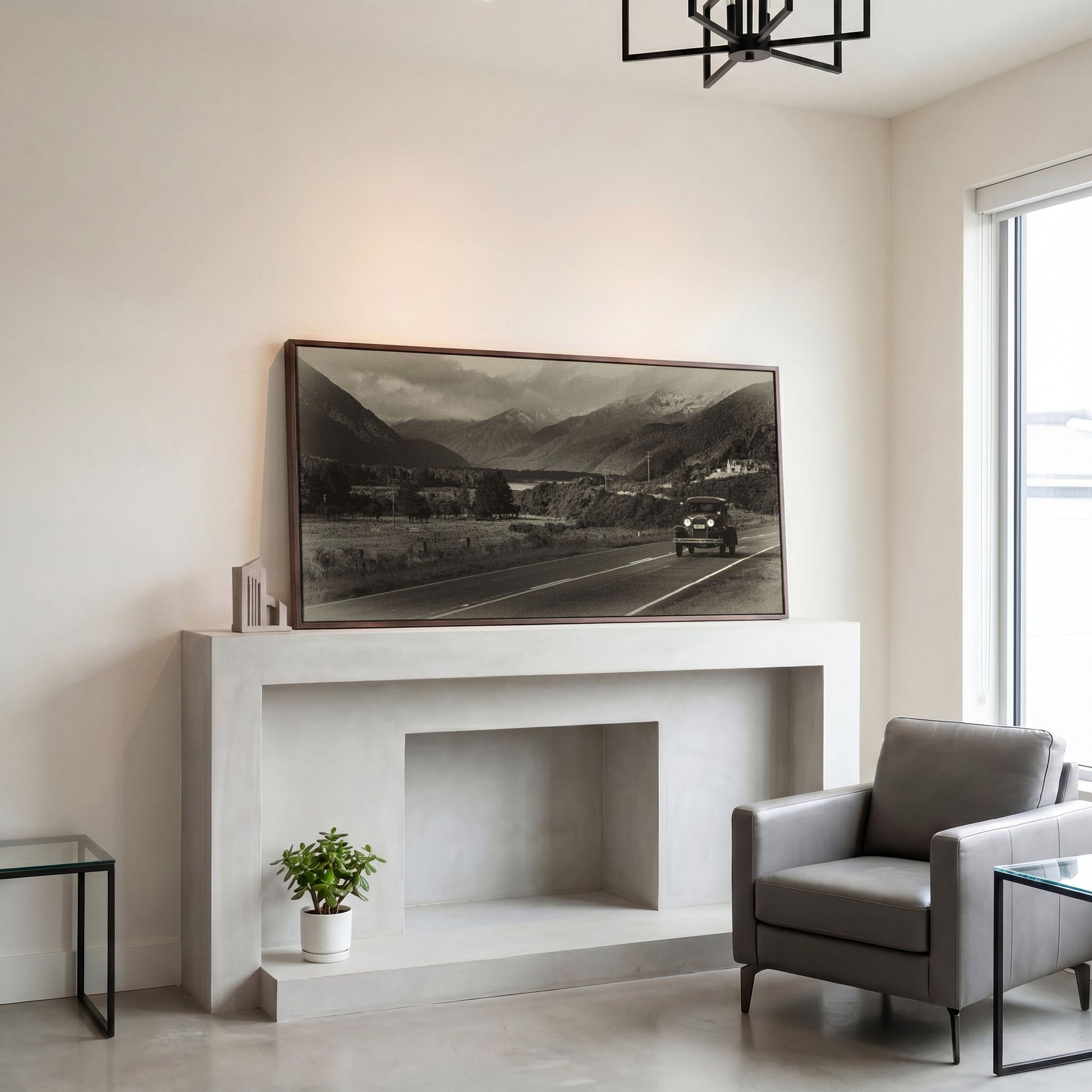 Vintage Car on Scenic Highway Canvas in dark walnut floating frame