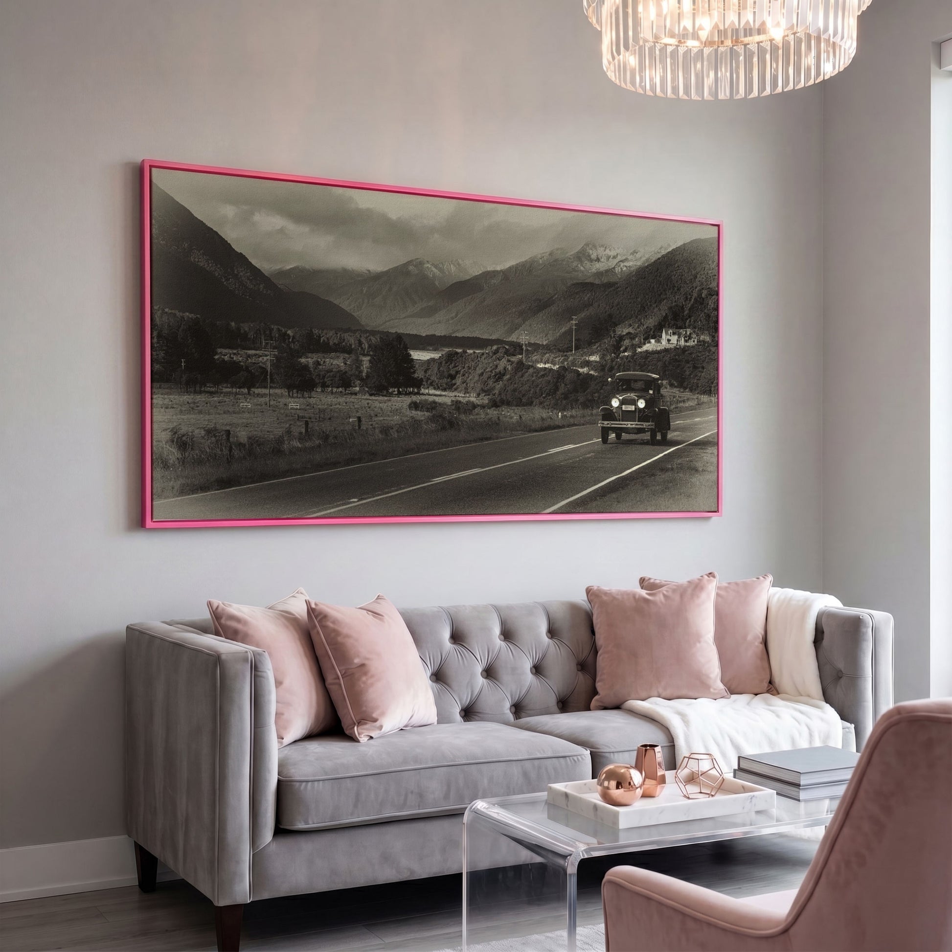 Vintage Car on Scenic Highway Canvas in pink floating frame