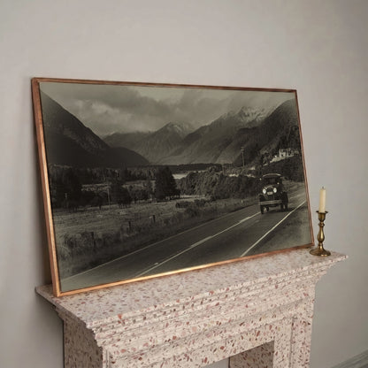 Vintage Car on Scenic Highway Canvas in rose gold floating frame