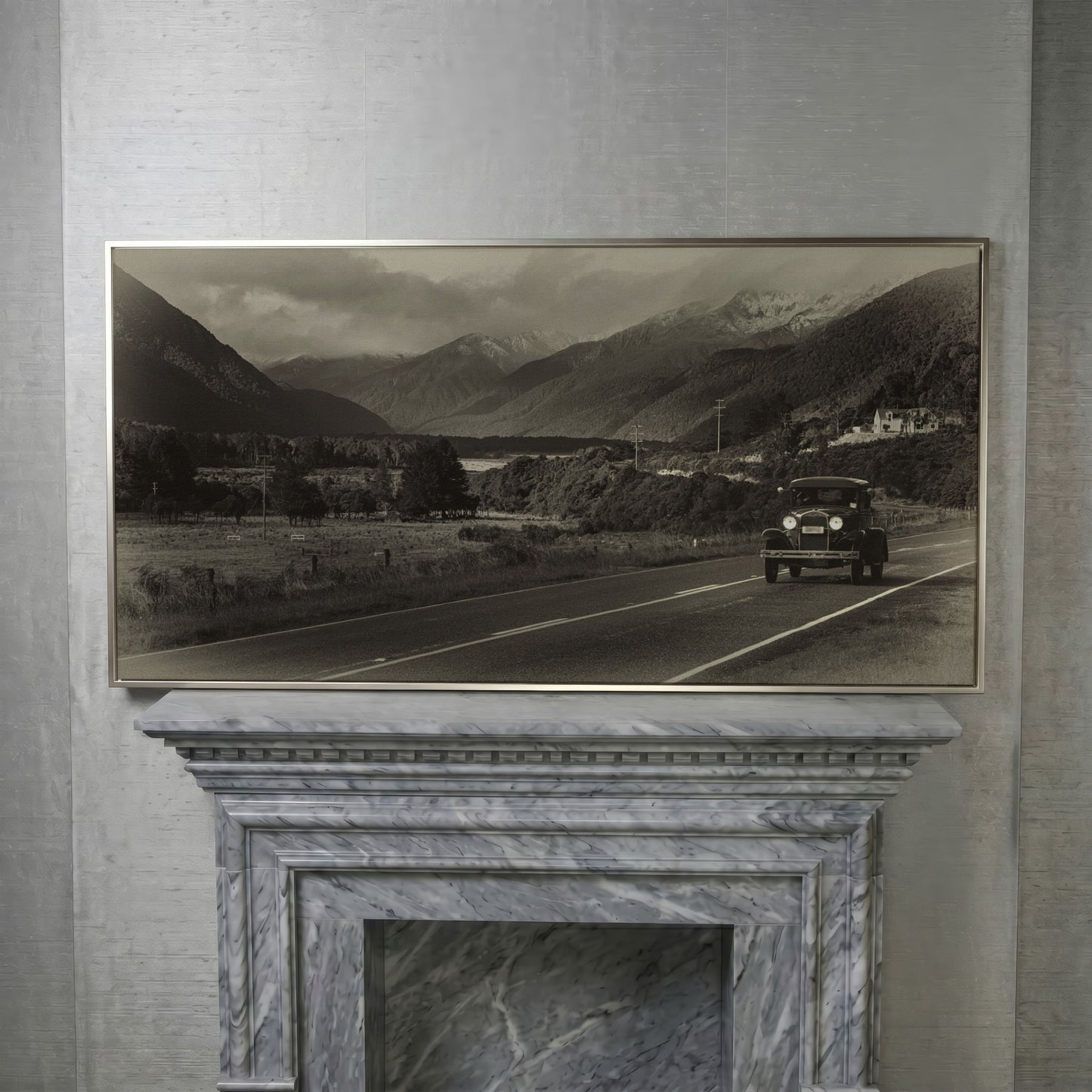 Vintage Car on Scenic Highway Canvas in silver floating frame
