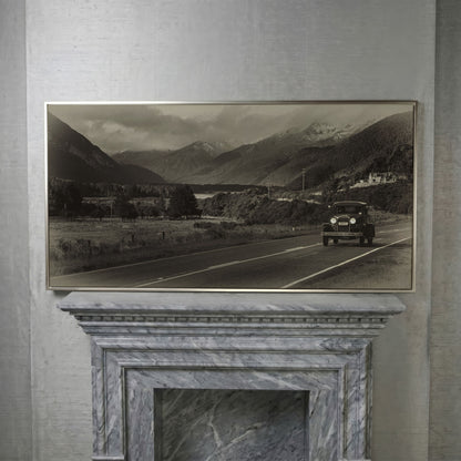 Vintage Car on Scenic Highway Canvas in silver floating frame
