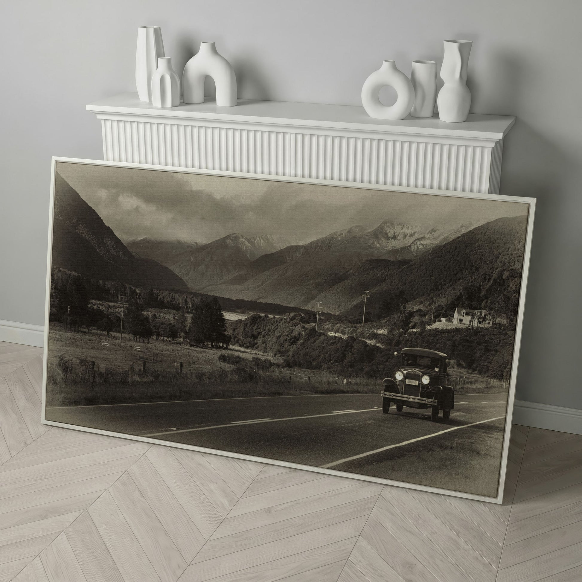 Vintage Car on Scenic Highway Canvas in white floating frame