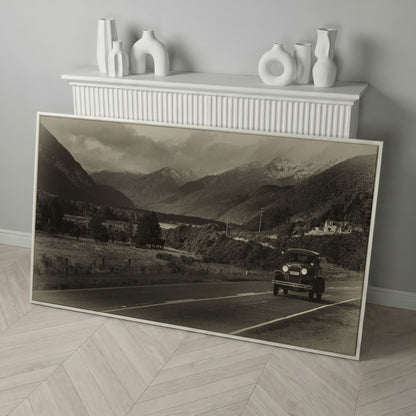 Vintage Car on Scenic Highway Canvas in white floating frame