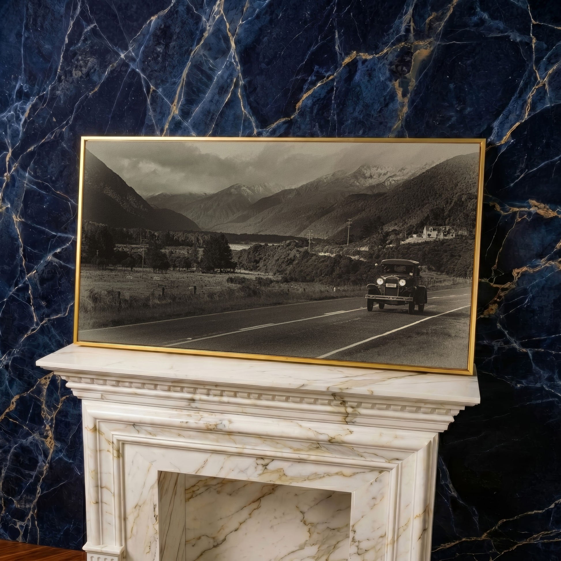 Vintage Car on Scenic Highway Canvas in yellow gold floating frame