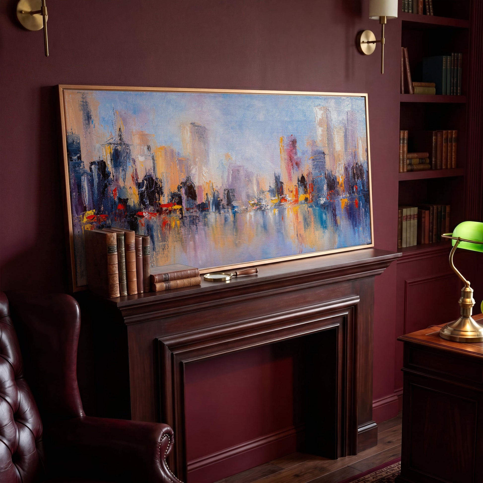 Abstract Skyline Cityscape Canvas in antique gold floating frame