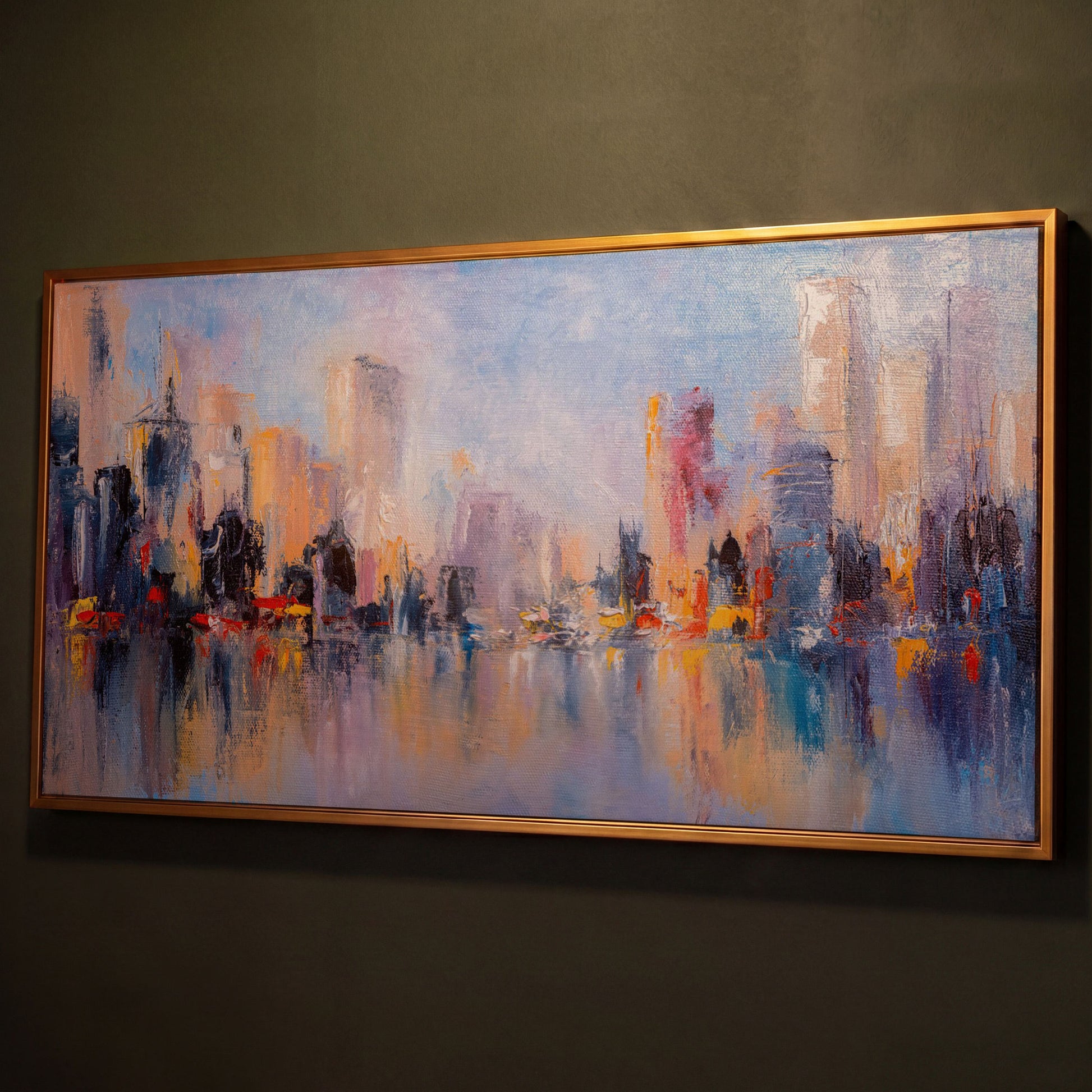 Abstract Skyline Cityscape Canvas shown in antique gold floating frame