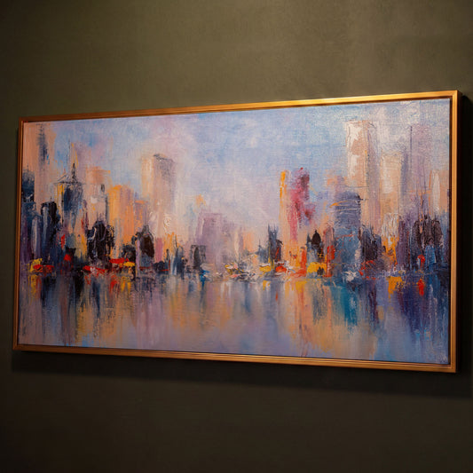 Abstract Skyline Cityscape Canvas shown in antique gold floating frame