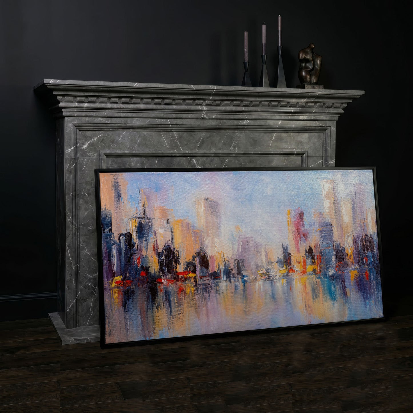 Abstract Skyline Cityscape Canvas in black floating frame