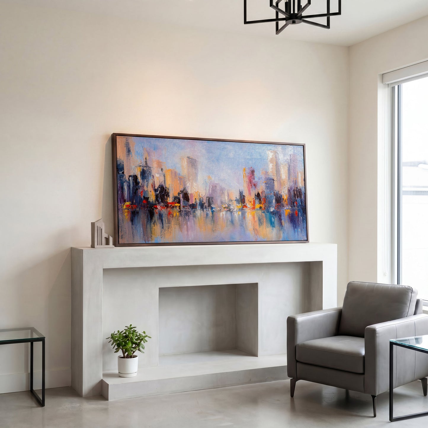 Abstract Skyline Cityscape Canvas in dark walnut floating frame