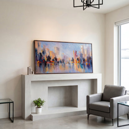 Abstract Skyline Cityscape Canvas in dark walnut floating frame