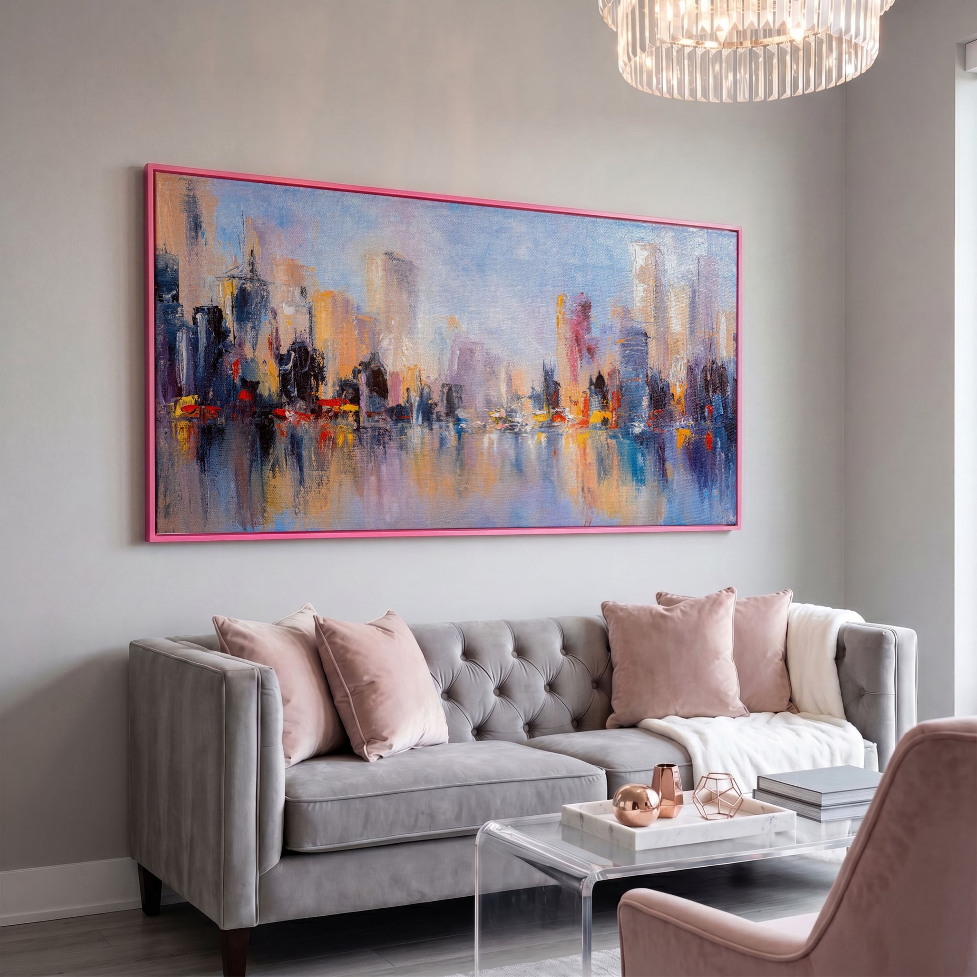 Abstract Skyline Cityscape Canvas in pink floating frame