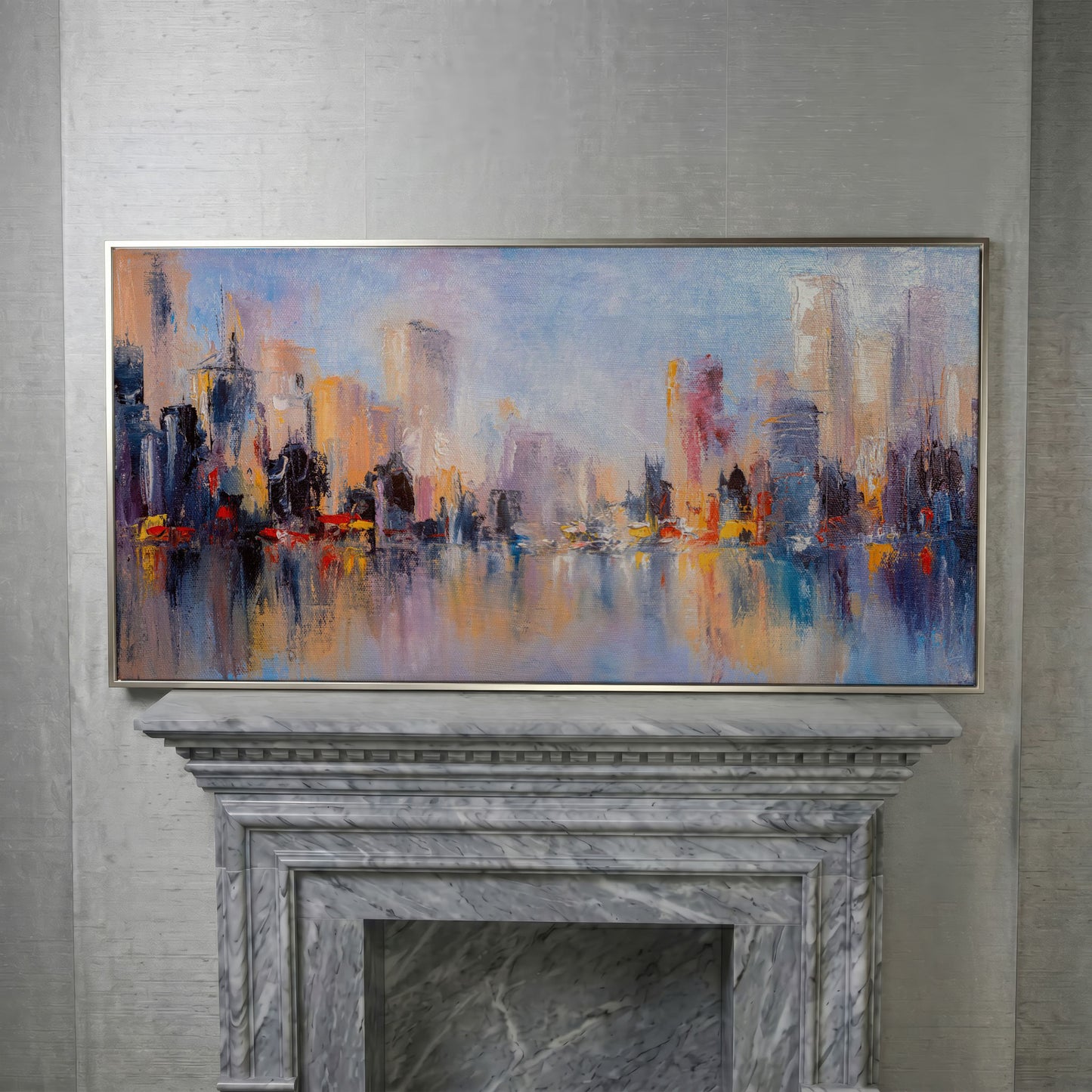 Abstract Skyline Cityscape Canvas in silver floating frame