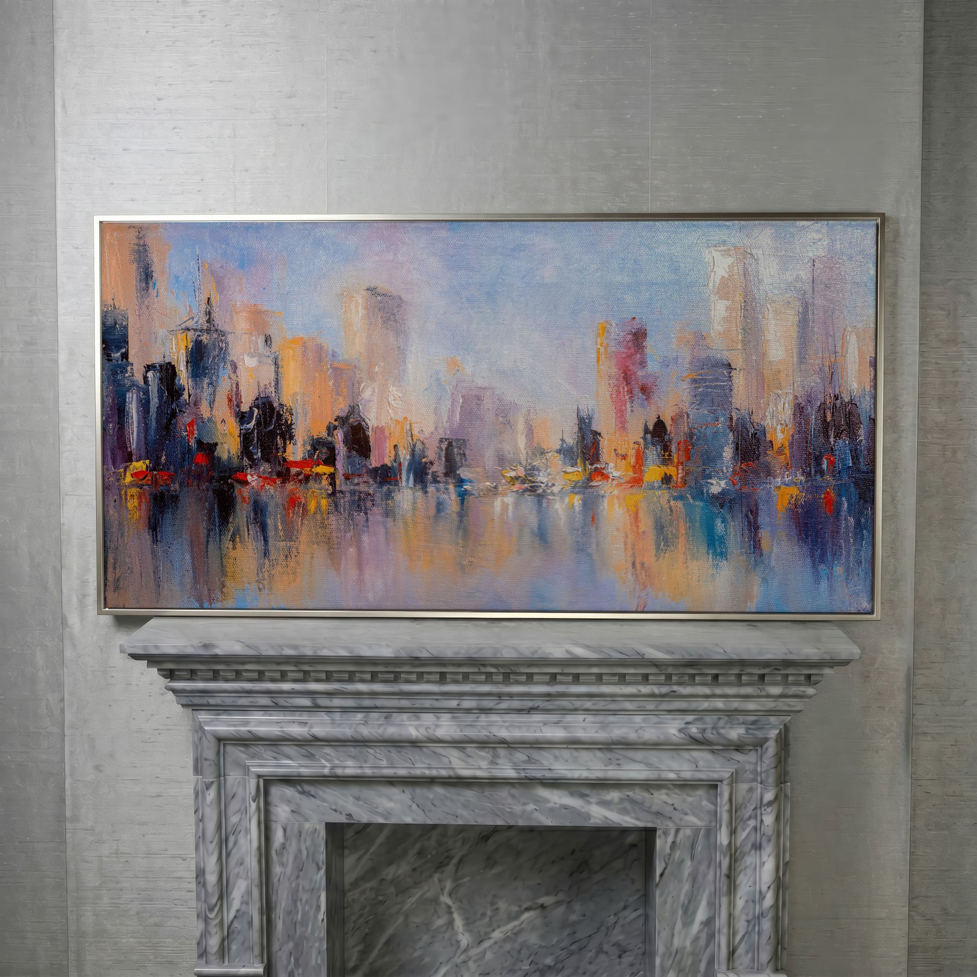Abstract Skyline Cityscape Canvas in silver floating frame