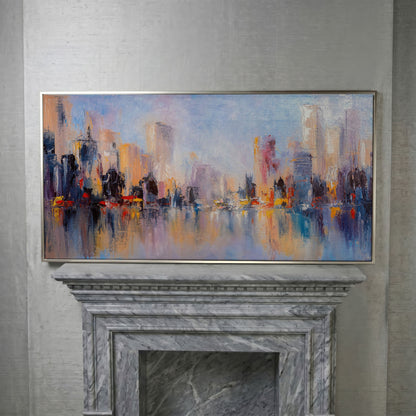 Abstract Skyline Cityscape Canvas in silver floating frame