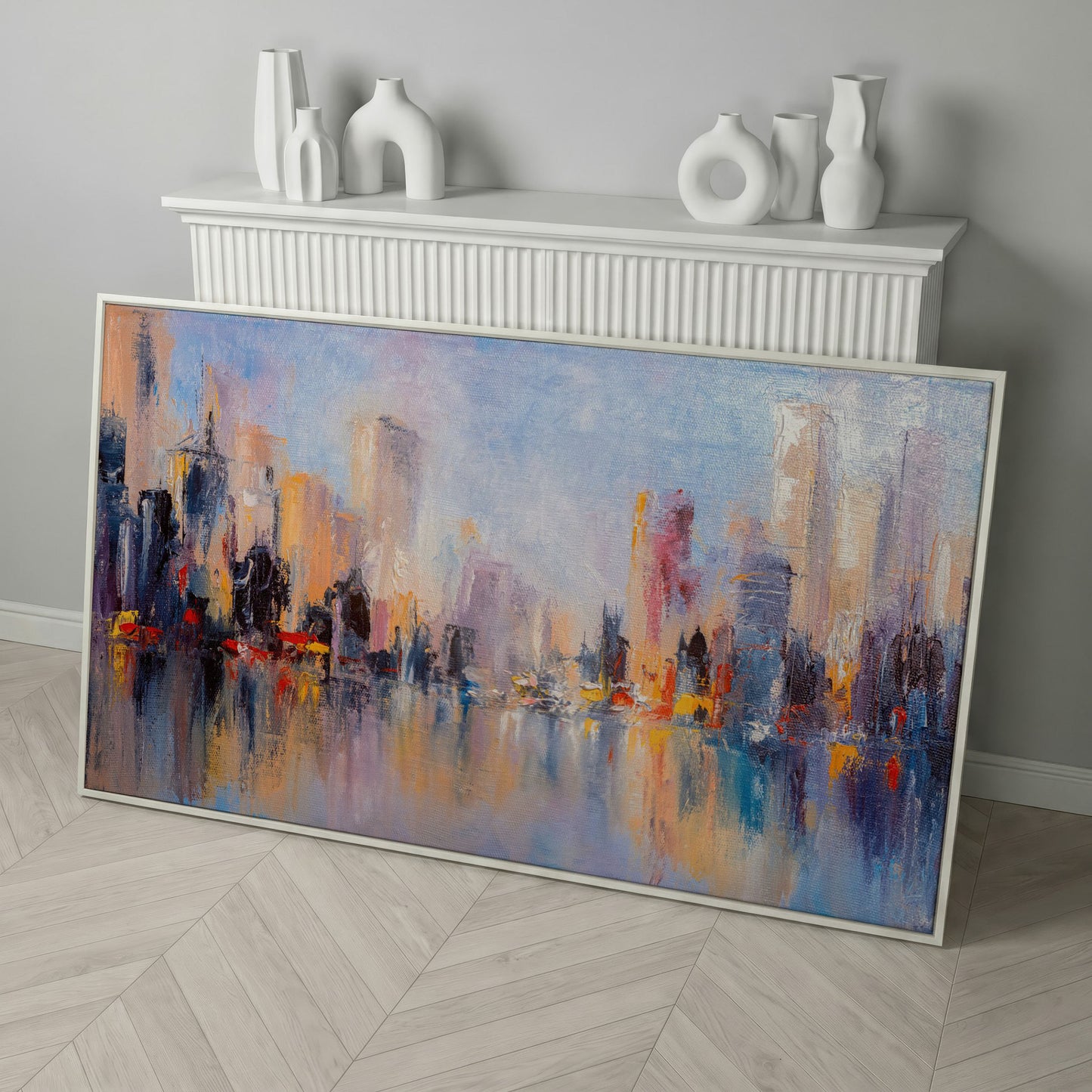 Abstract Skyline Cityscape Canvas in white floating frame