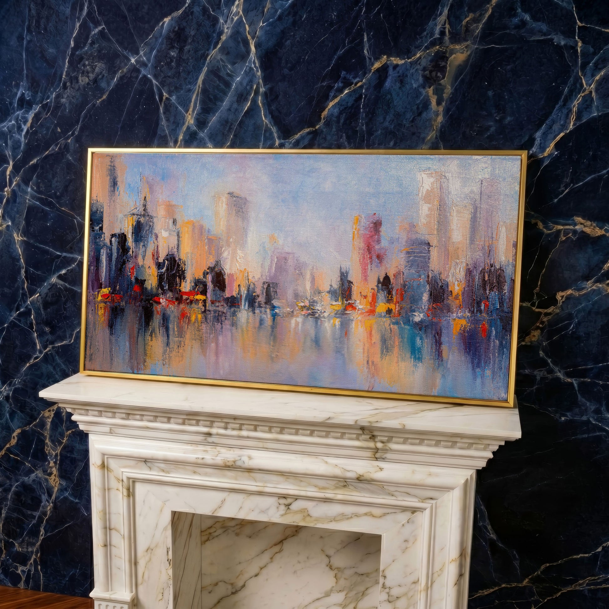 Abstract Skyline Cityscape Canvas in yellow gold floating frame