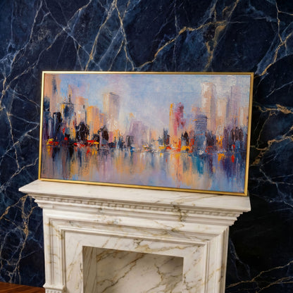 Abstract Skyline Cityscape Canvas in yellow gold floating frame