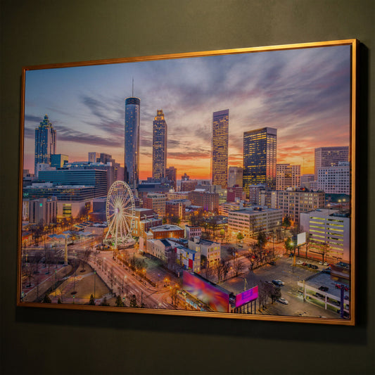 Atlanta Downtown Skyline Canvas shown in antique gold floating frame
