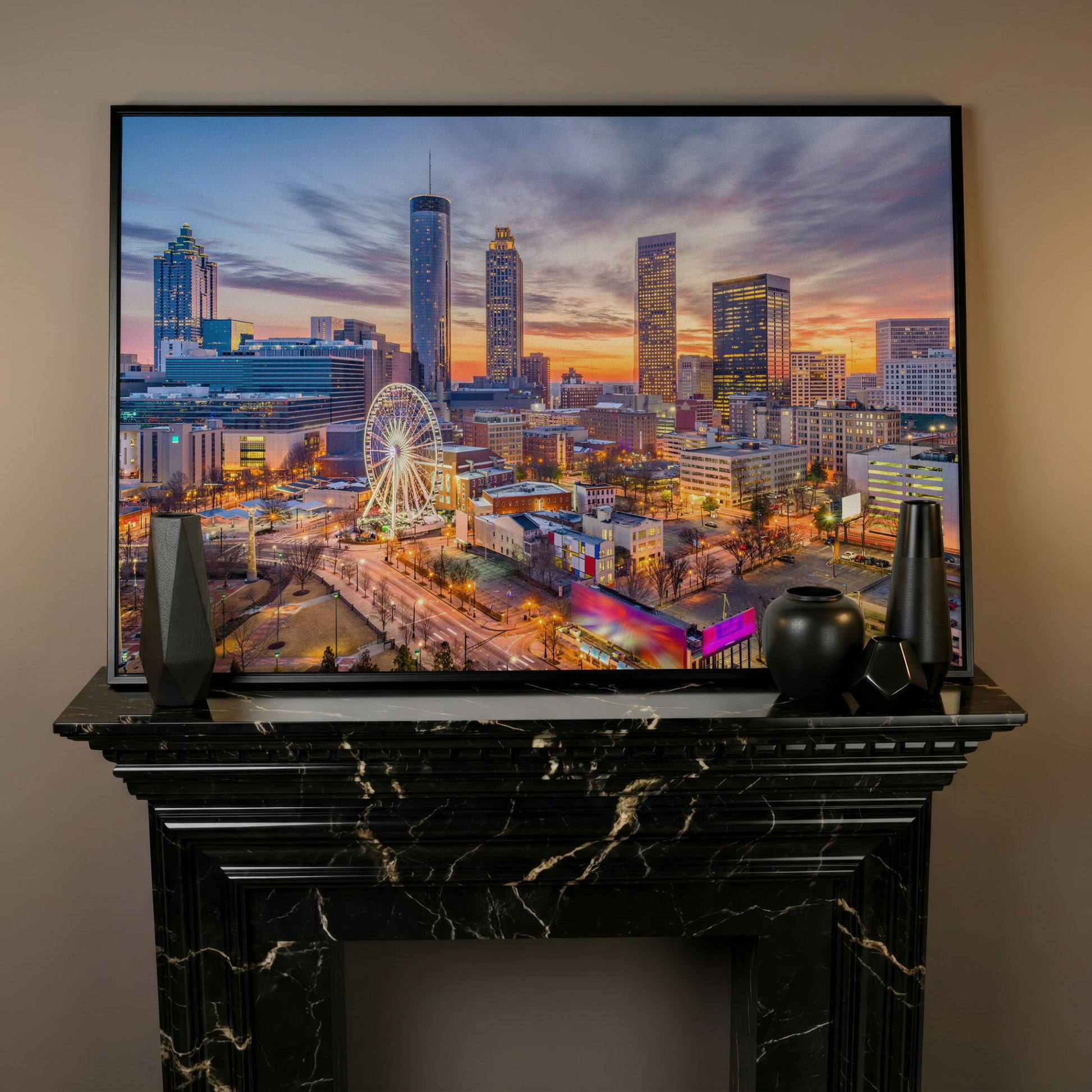 Atlanta Downtown Skyline Canvas in black floating frame