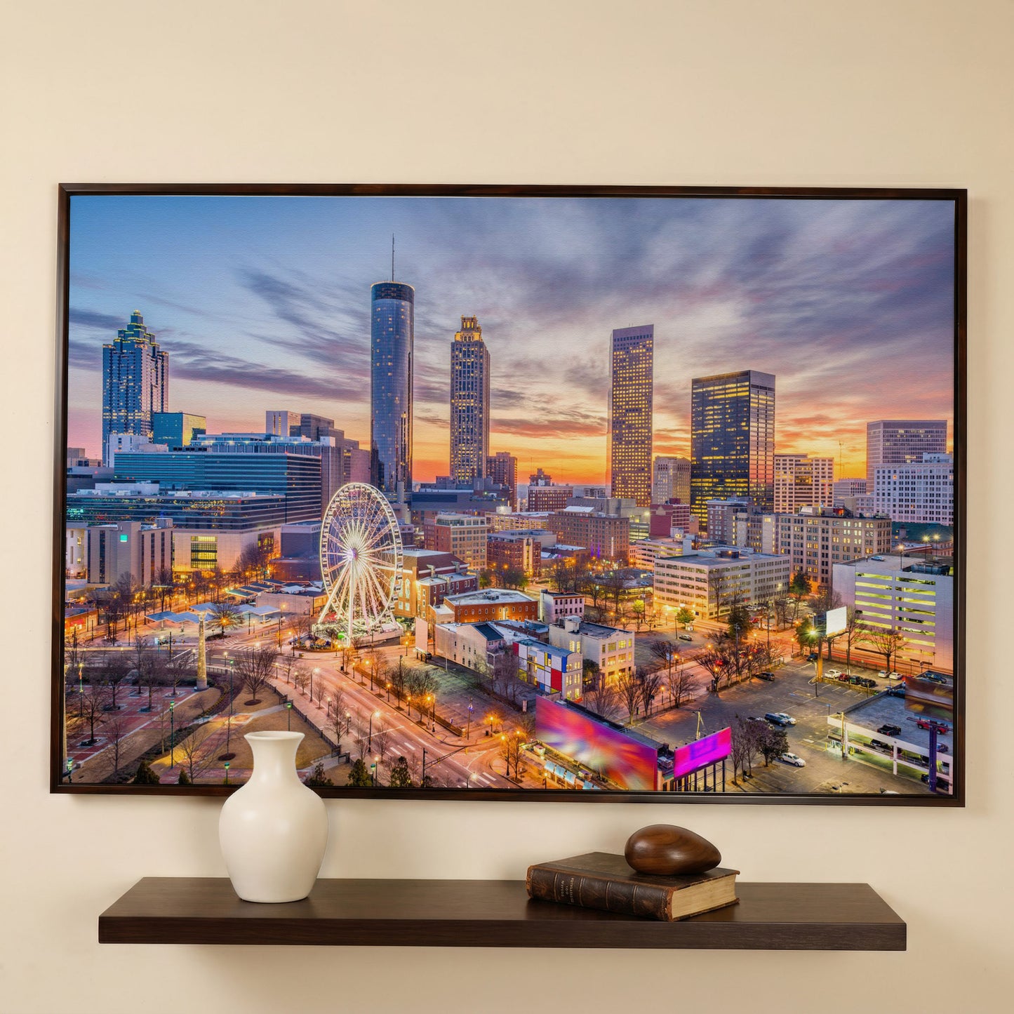 Atlanta Downtown Skyline Canvas in dark walnut floating frame