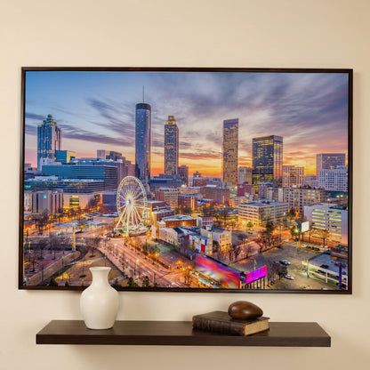 Atlanta Downtown Skyline Canvas in dark walnut floating frame