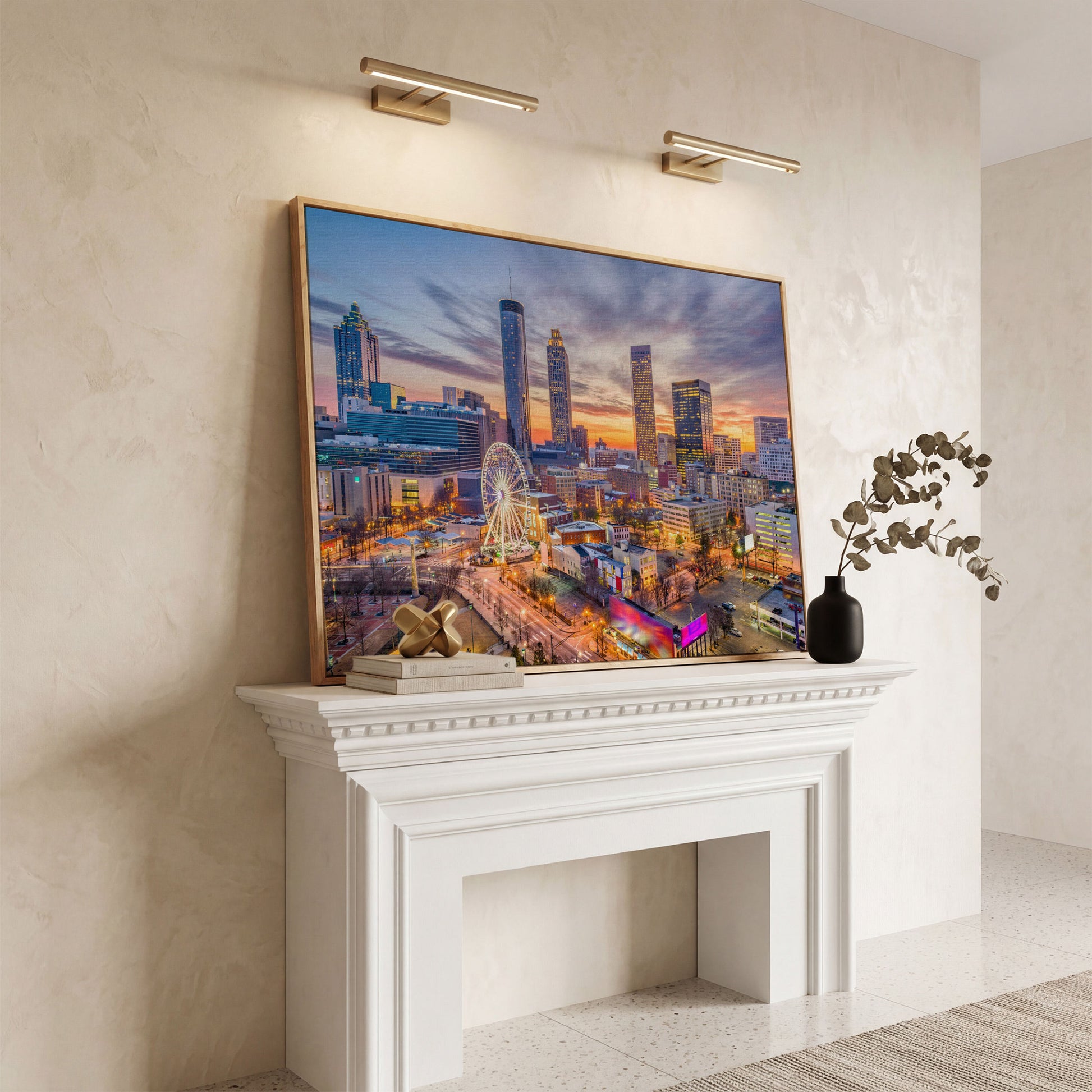 Atlanta Downtown Skyline Canvas in white oak floating frame