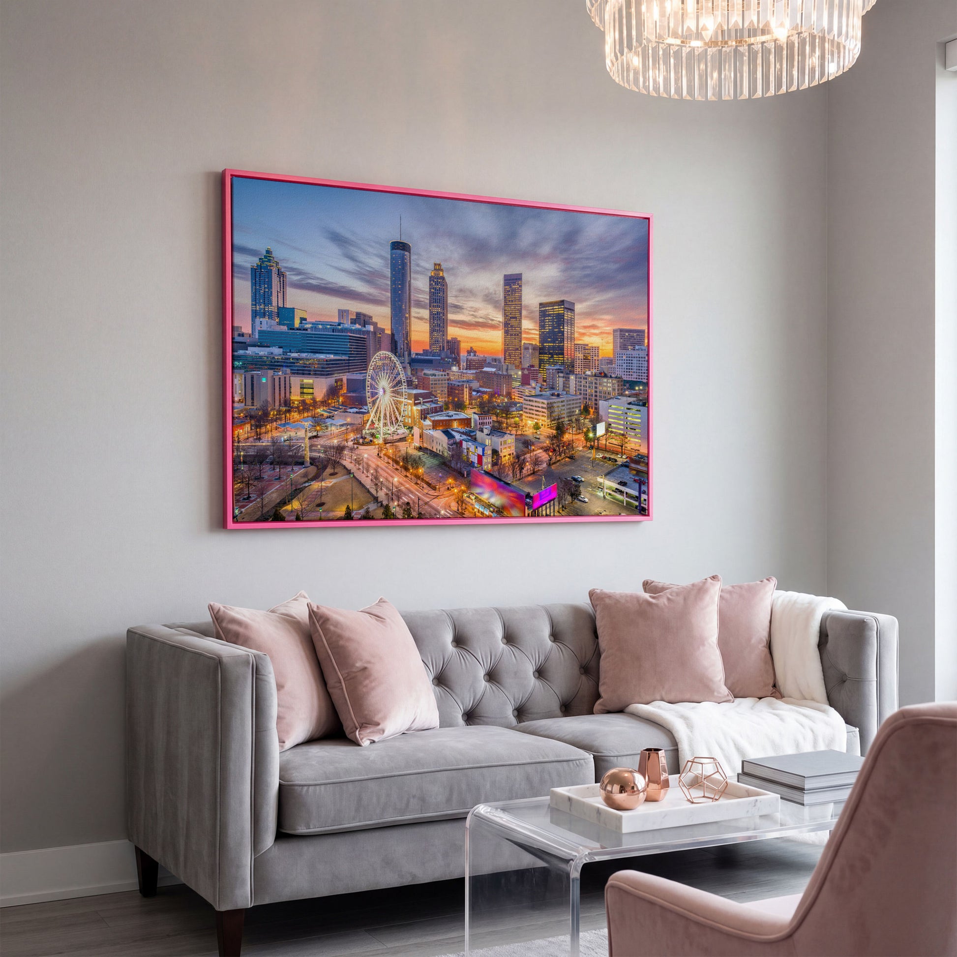 Atlanta Downtown Skyline Canvas in pink floating frame