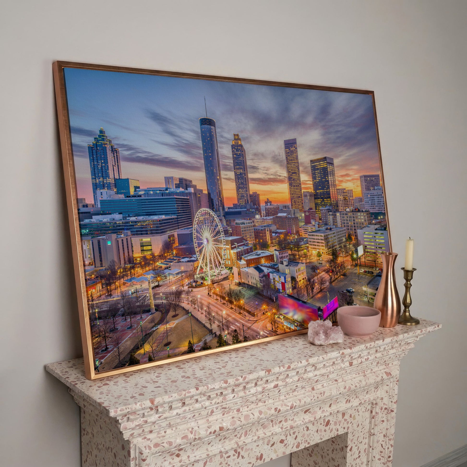 Atlanta Downtown Skyline Canvas in rose gold floating frame