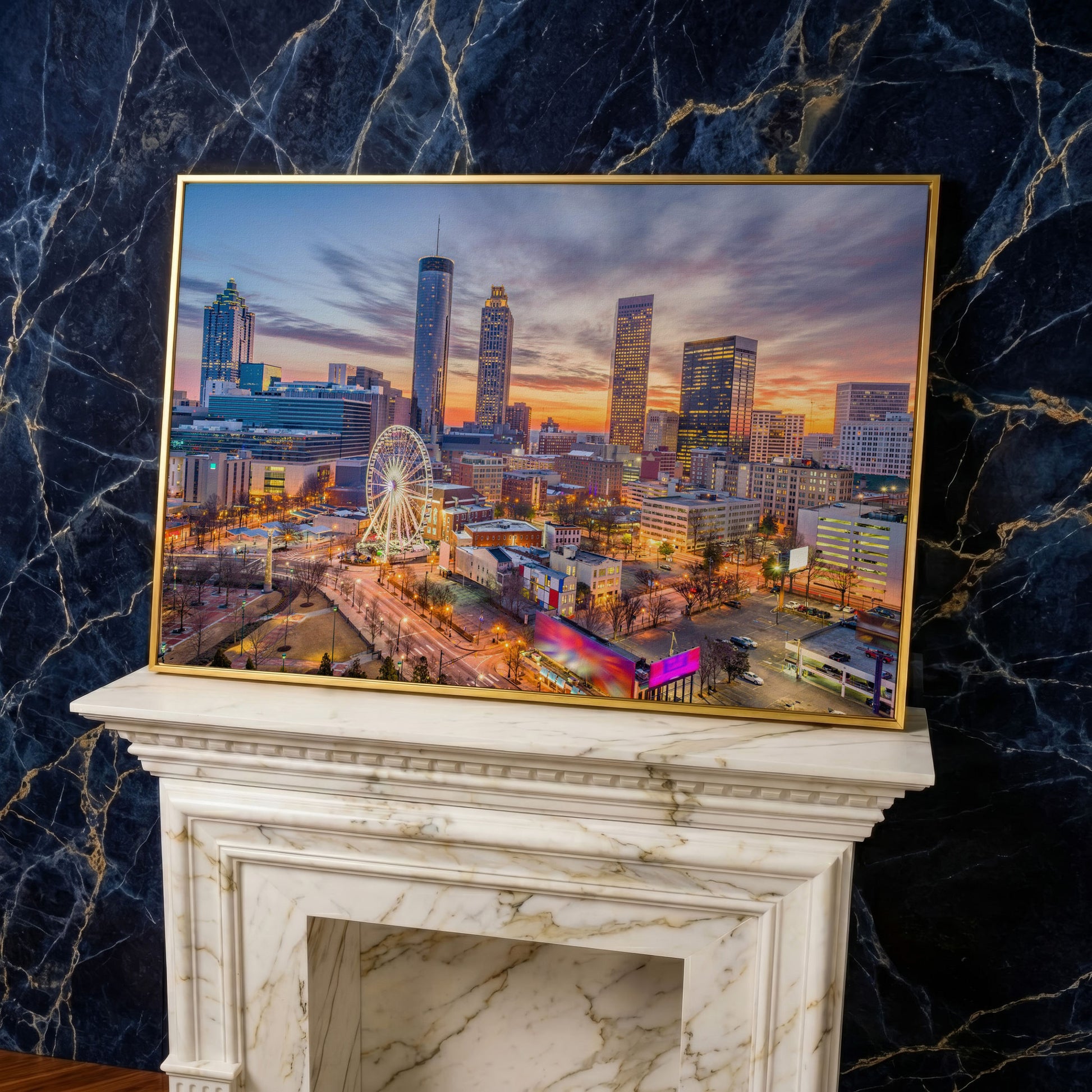 Atlanta Downtown Skyline Canvas in yellow gold floating frame