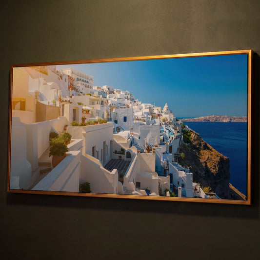 Santorini, Greece Canvas Print shown in antique gold floating frame