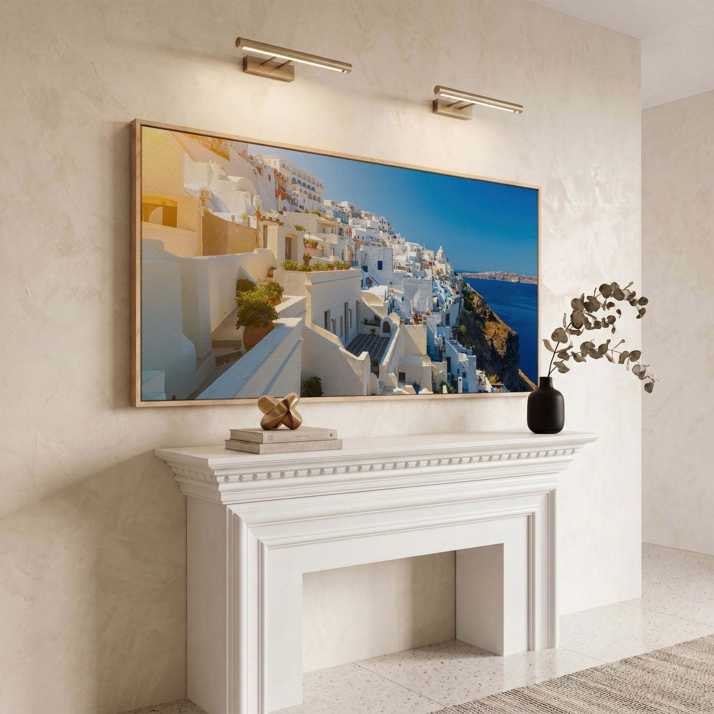 Santorini, Greece Canvas Print in white oak floating frame