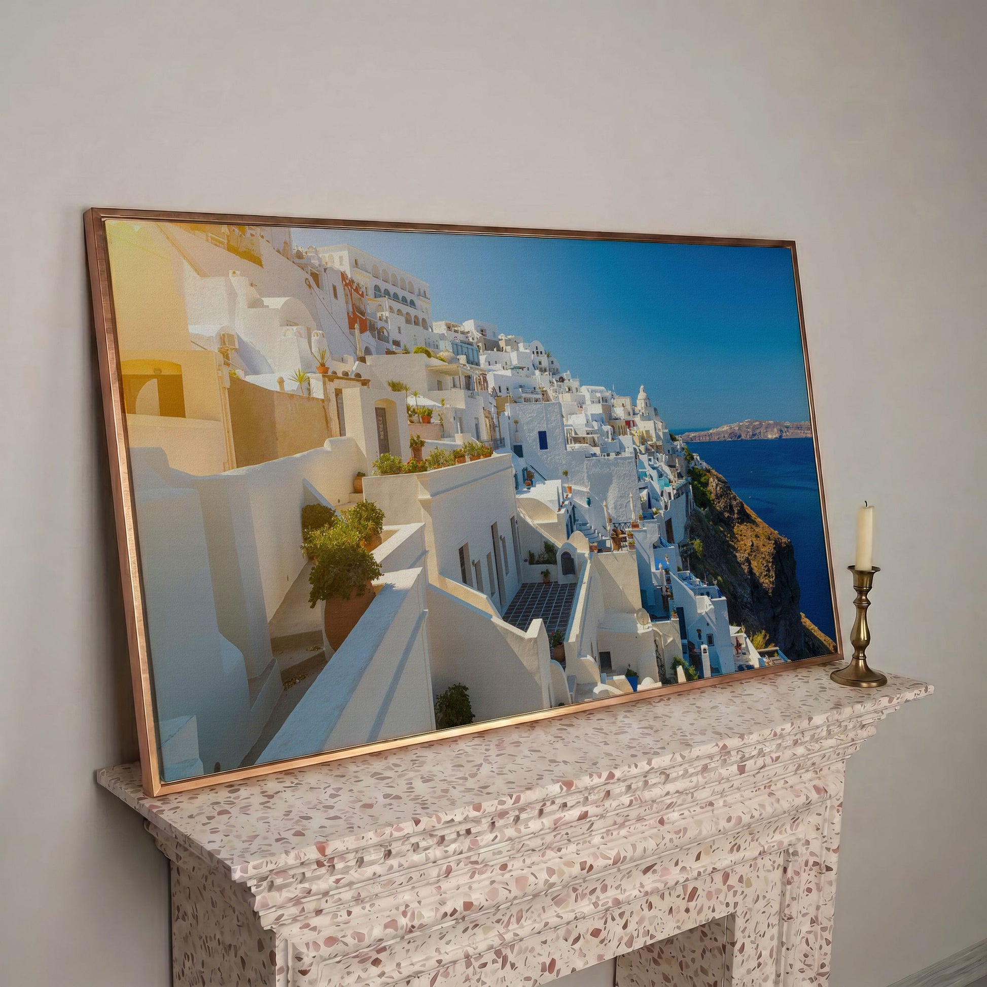 Santorini, Greece Canvas Print in rose gold floating frame